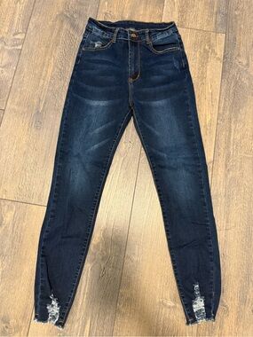 SHEIN Dark Blue High-Rise Skinny Jeans with Distressed Ankles